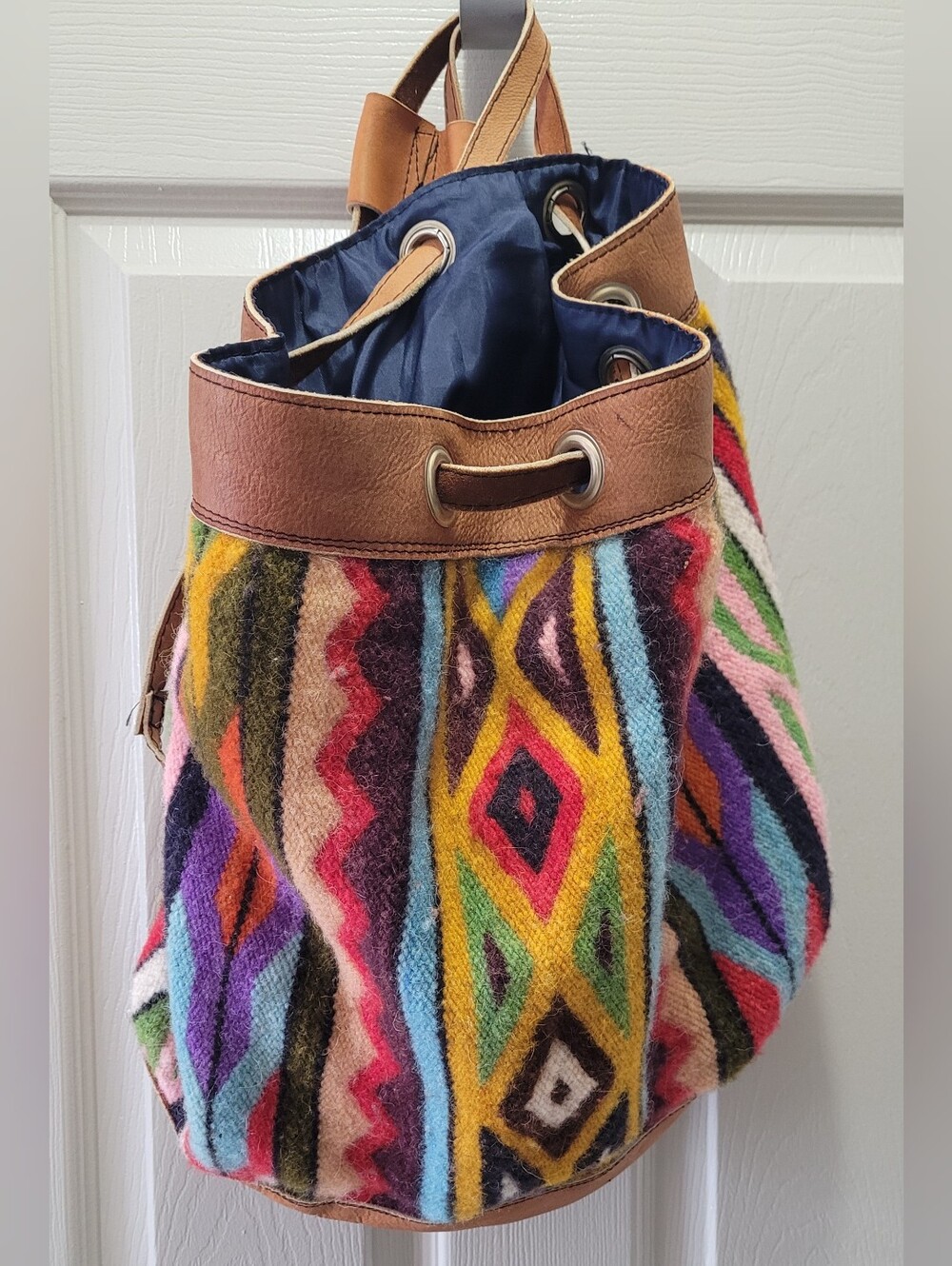 Trish Hunter Latin Crafts Colorful Aztec Wool Leather Backpack Hobo Bag